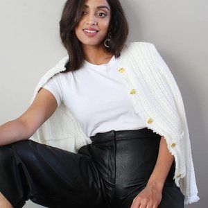 NEW $128 EXPRESS CREAM BUTTON UP FRINGE SWEATER JACKET CARDIGAN SMALL